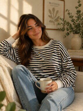 Madewell Black & White Stripe Slub Cotton Sweatshirt Oversized Relaxed Fit M
